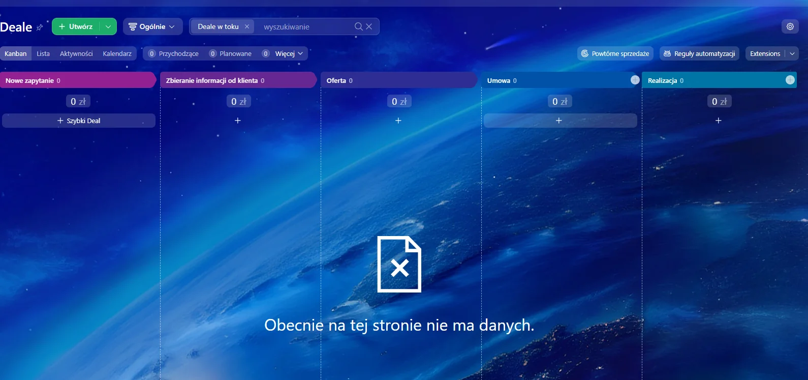 Lejek sprzedaży w Bitrix24 (kanban): etapy Nowe zapytanie → Zbieranie informacji od klienta → Oferta → Umowa → Realizacja.