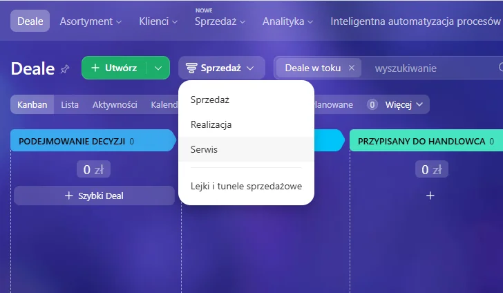 Przełączanie między lejkami w Bitrix24: Sprzedaż, Realizacja, Serwis oraz Lejki i tunele sprzedażowe.
