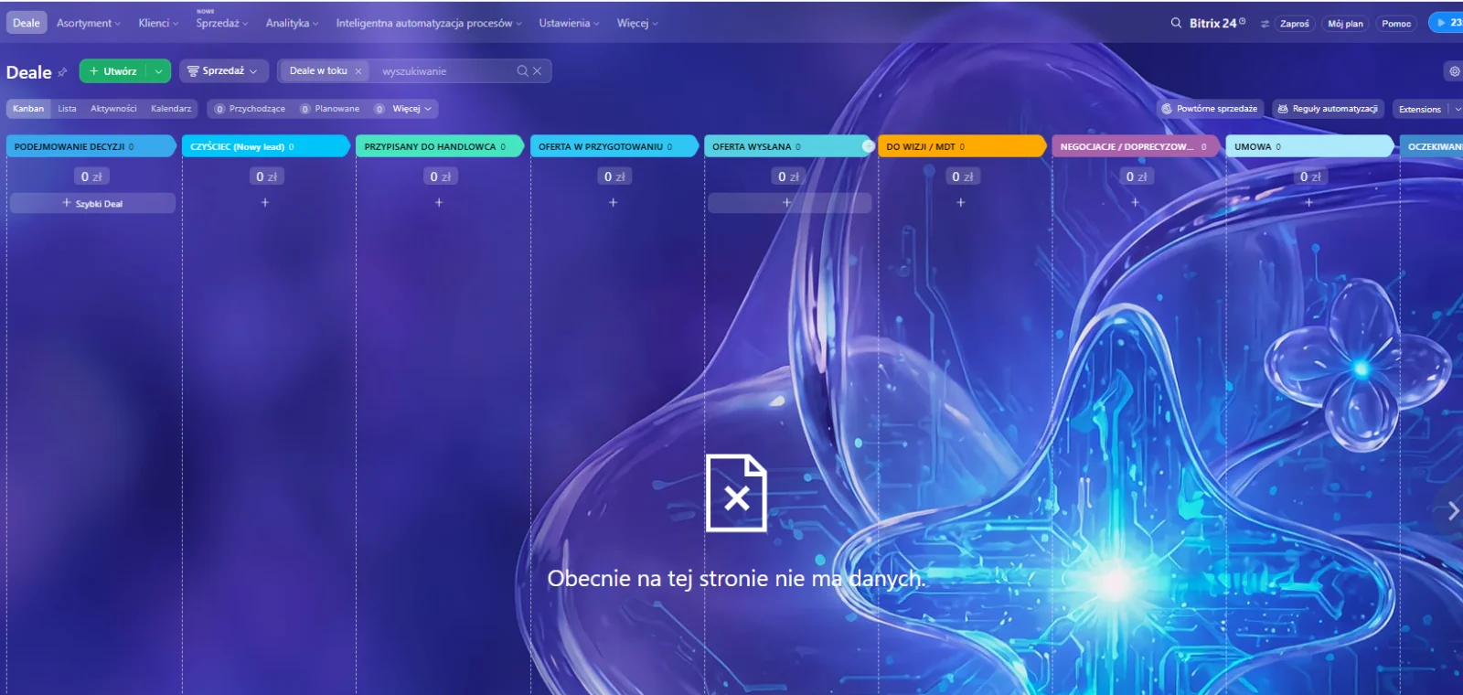 Rozbudowany lejek sprzedaży w Bitrix24 z etapami od nowego leada, przez ofertę i wizję lokalną (MDT), po negocjacje i umowę.