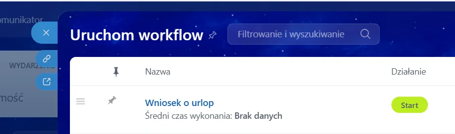 Uruchomienie workflowu „Wniosek o urlop” w Bitrix24 jednym przyciskiem Start.