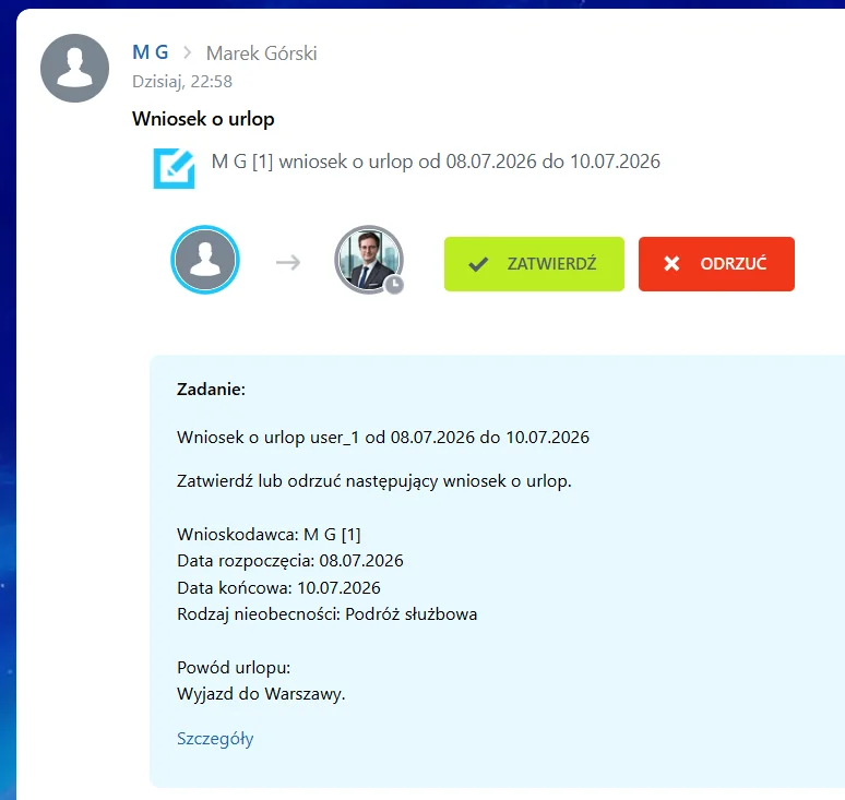 Zadanie akceptacji wniosku urlopowego z przyciskami Zatwierdź i Odrzuć oraz podsumowaniem wniosku.