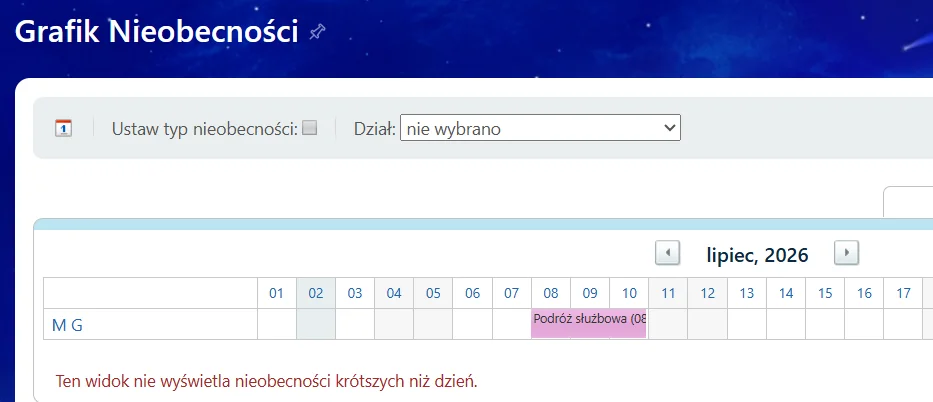 Grafik nieobecności w Bitrix24: miesięczny widok z paskiem urlopu pracownika i rodzajem nieobecności.